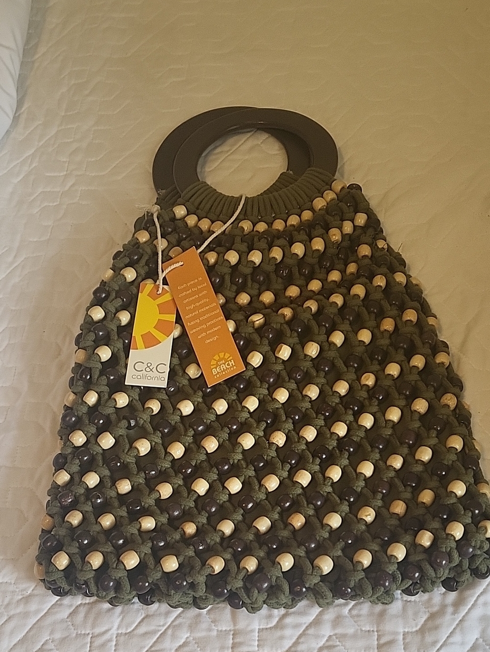 C&C California Olive Green Tote with Natural Wooden Beads NWT